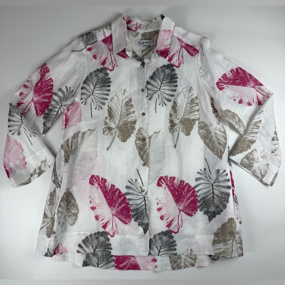 iLinen 100% Linen Button Tunic Top XL Pockets Tropical Boho Chic Artsy Resort